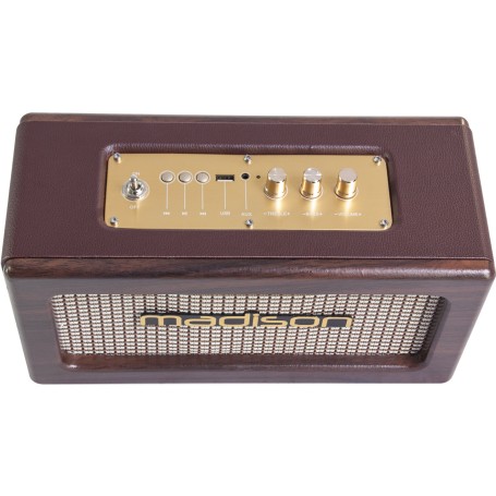 RADIO PORTATILE RICARICABILE STILE VINTAGE RETRò CON BLUETOOTH & FM 2X10W  MADISON MARRONE ANNI 30